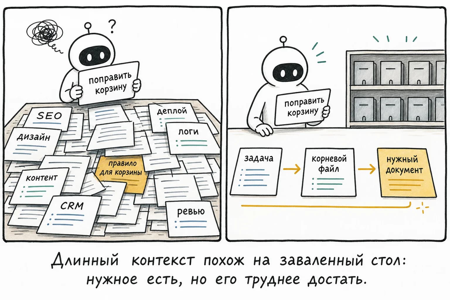 Длинный контекст похож на заваленный стол: нужное есть, но его труднее достать