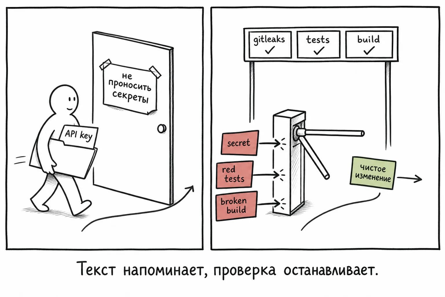 Текст только напоминает правило, а автоматическая проверка останавливает нарушение