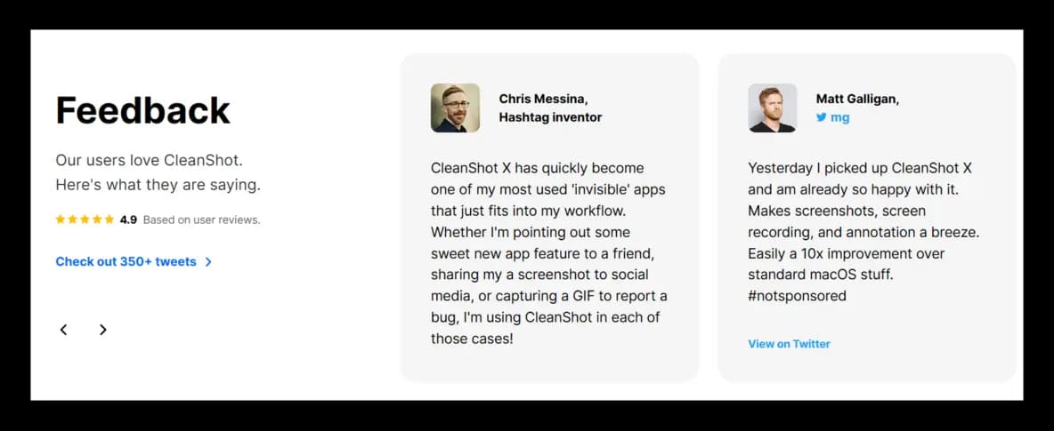 Пример от CleanShot X: текстовые отзывы можно дополнить рейтингом или другими оценками