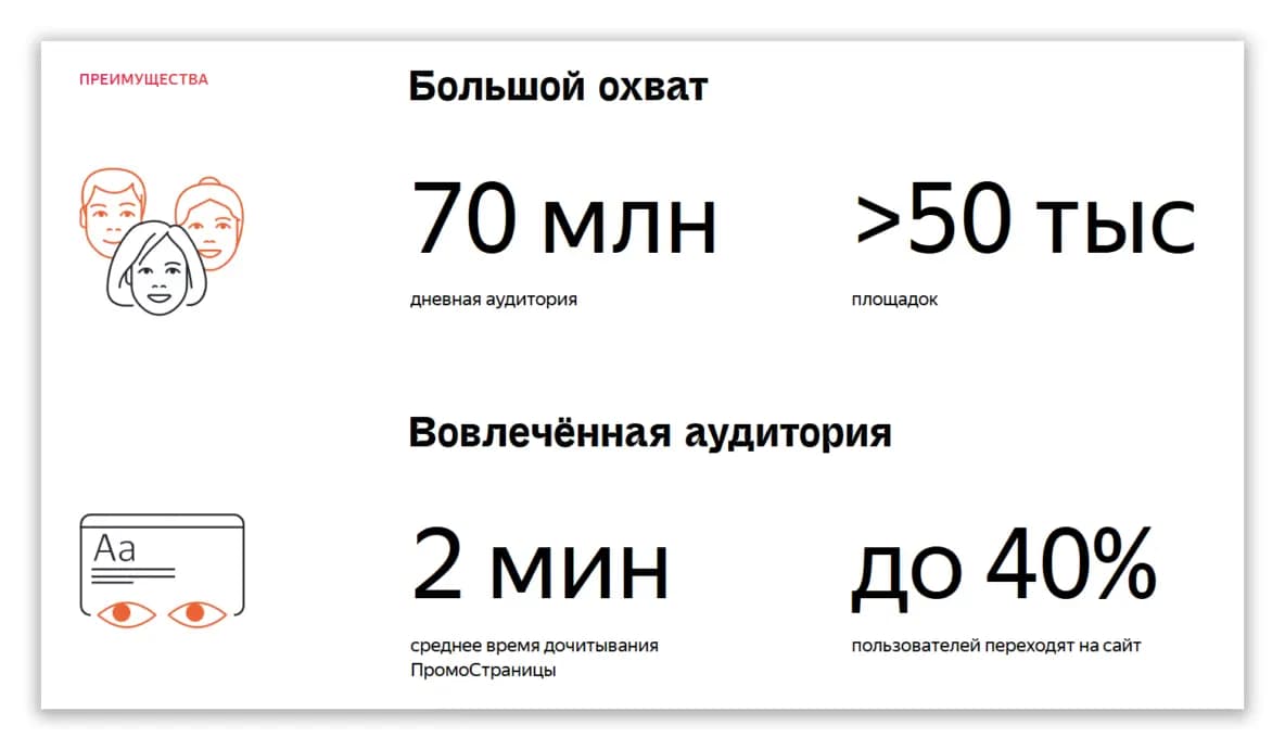 Пример ПромоСтраниц Яндекса: фраза «большой охват» абстрактная, но компания сразу подтверждает её количественно