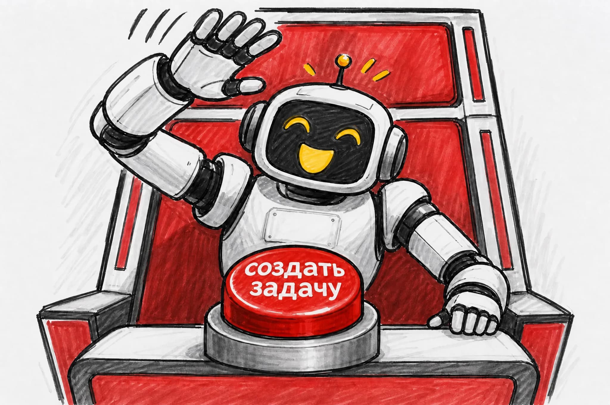Робот радостно нажимает большую красную кнопку "создать задачу"