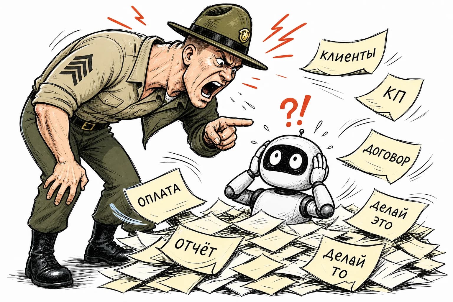 Инструктор нависает над перегруженным роботом в куче инструкций