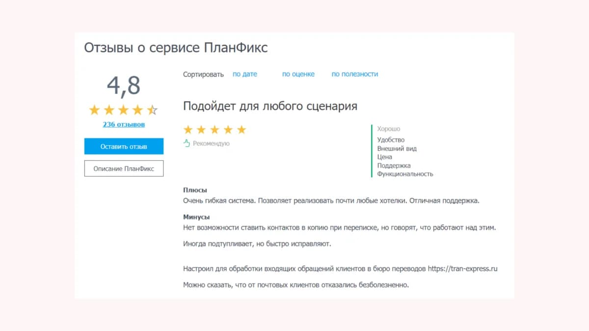 У «ПланФикса» 236 отзывов со средней оценкой 4,8 — это внушает доверие