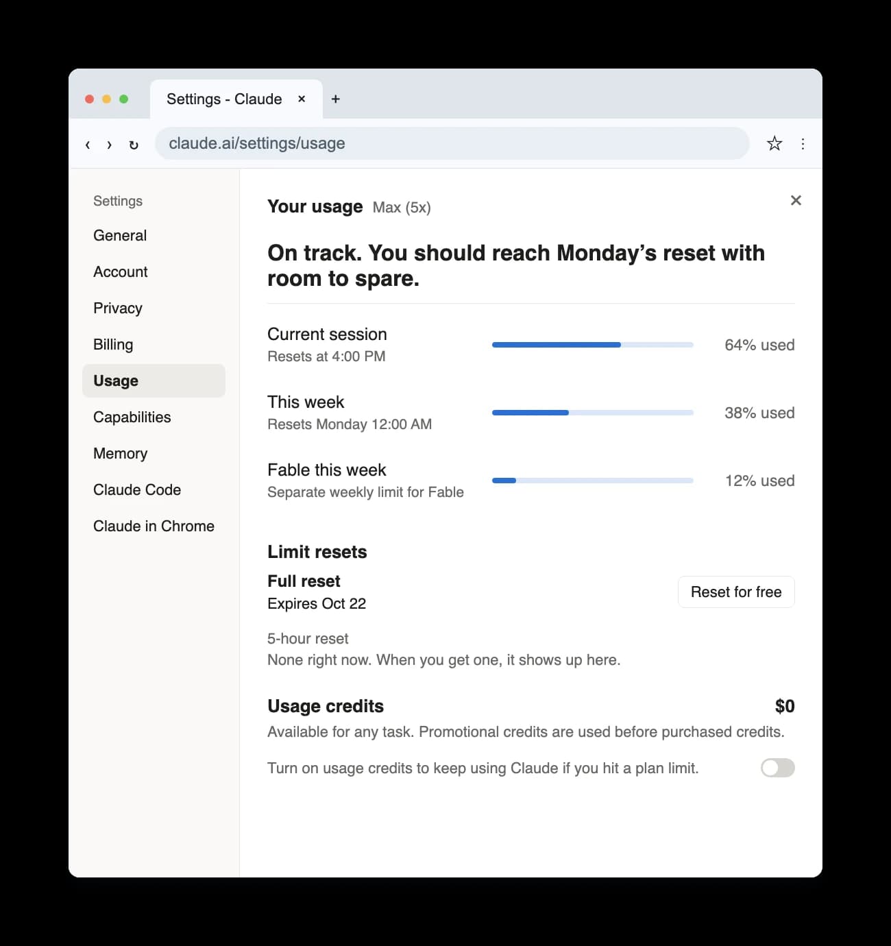 Страница Settings → Usage на claude.ai: шкалы Current session, This week и Fable this week, блоки Limit resets и Usage credits