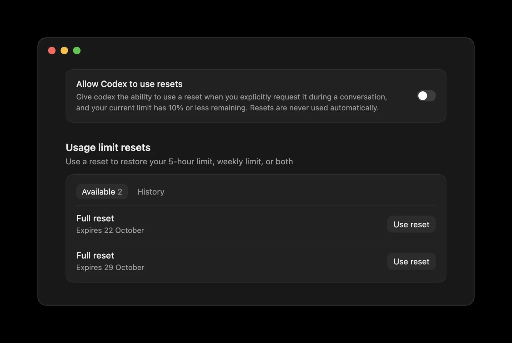 Переключатель Allow Codex to use resets и список сохранённых сбросов Codex с датами сгорания и кнопками Use reset