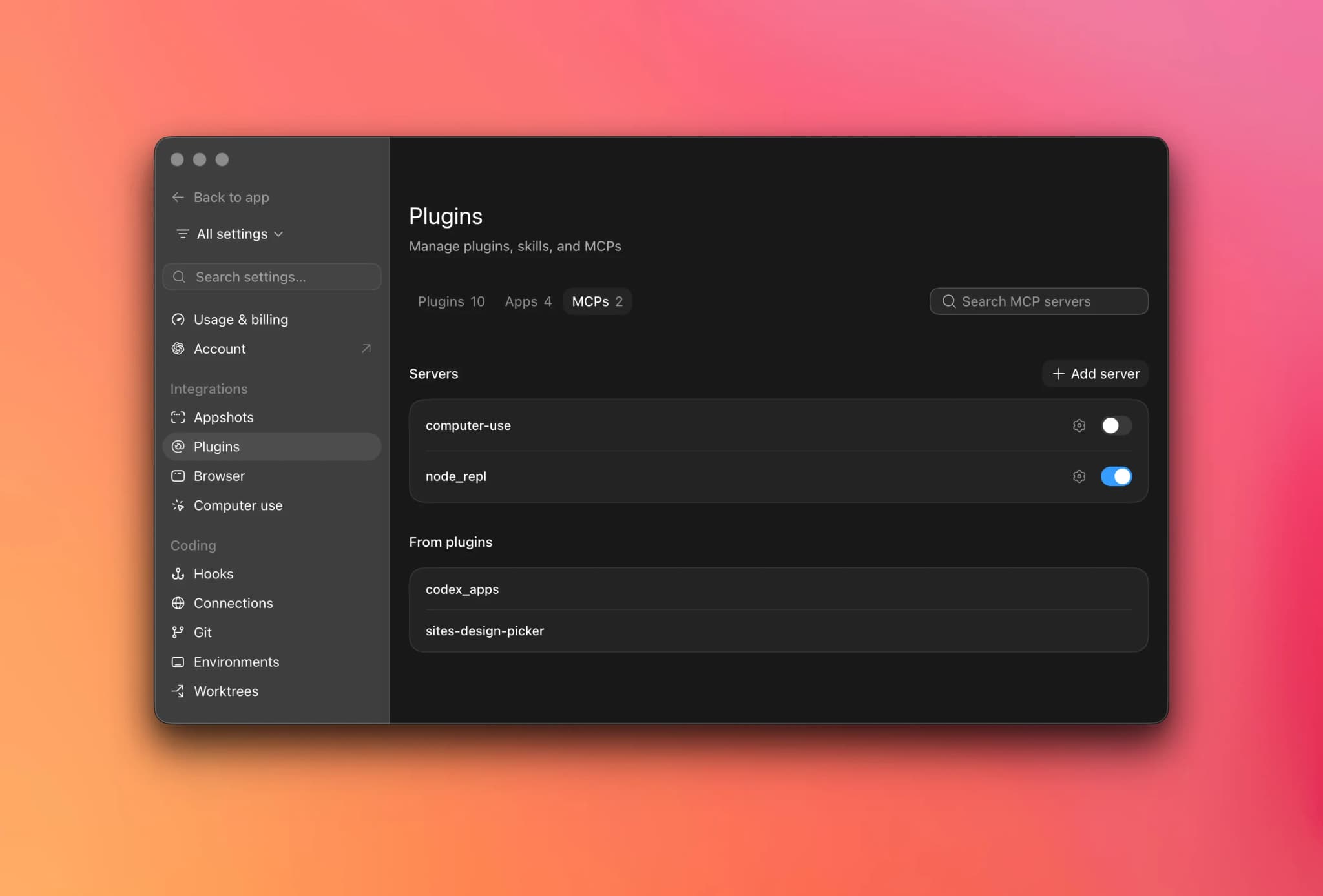 Раздел Plugins в настройках ChatGPT — вкладка MCPs со списком серверов и кнопкой Add server