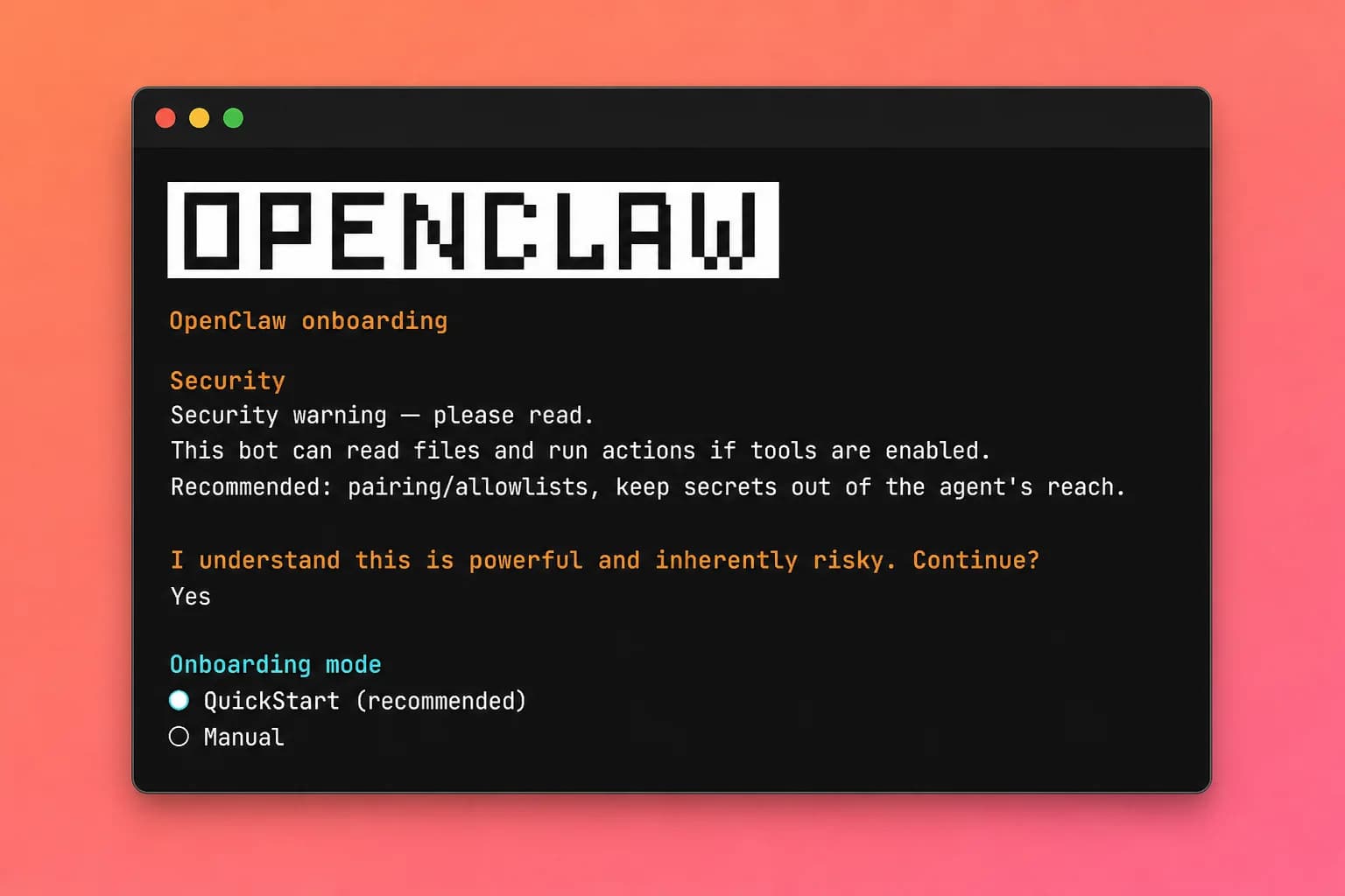 Мастер настройки openclaw onboard в терминале: проверка безопасности и выбор режима QuickStart