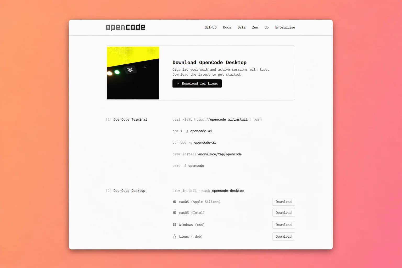 Страница загрузки OpenCode Desktop с версией для Windows