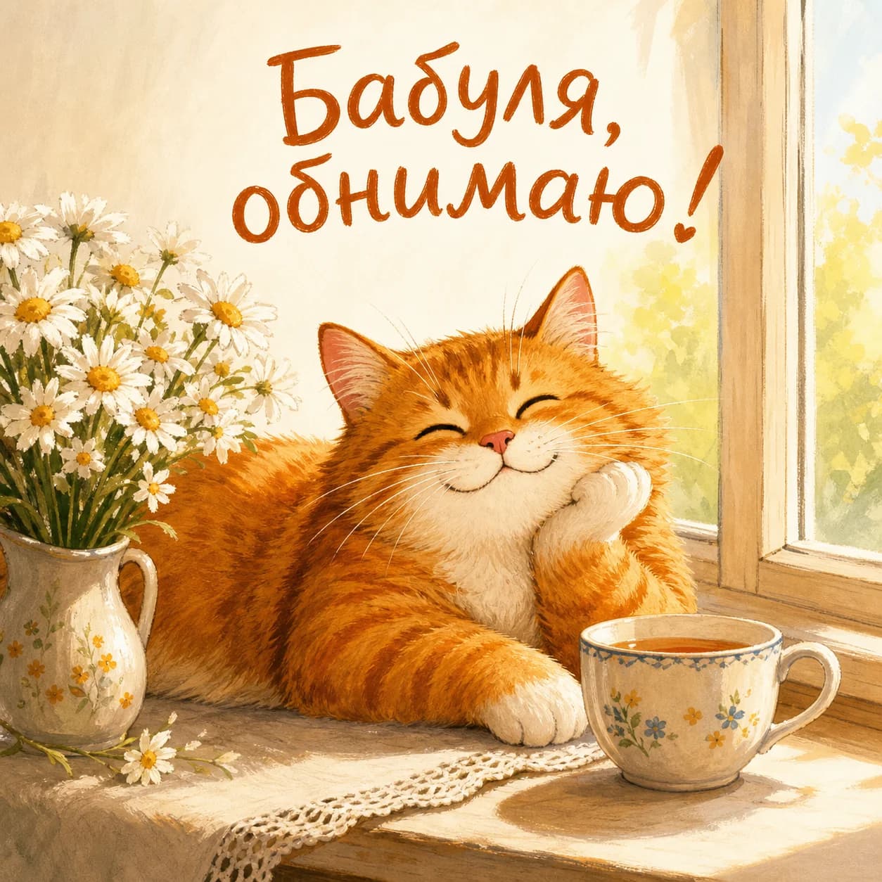 Открытка для бабушки с рыжим котом и ромашками