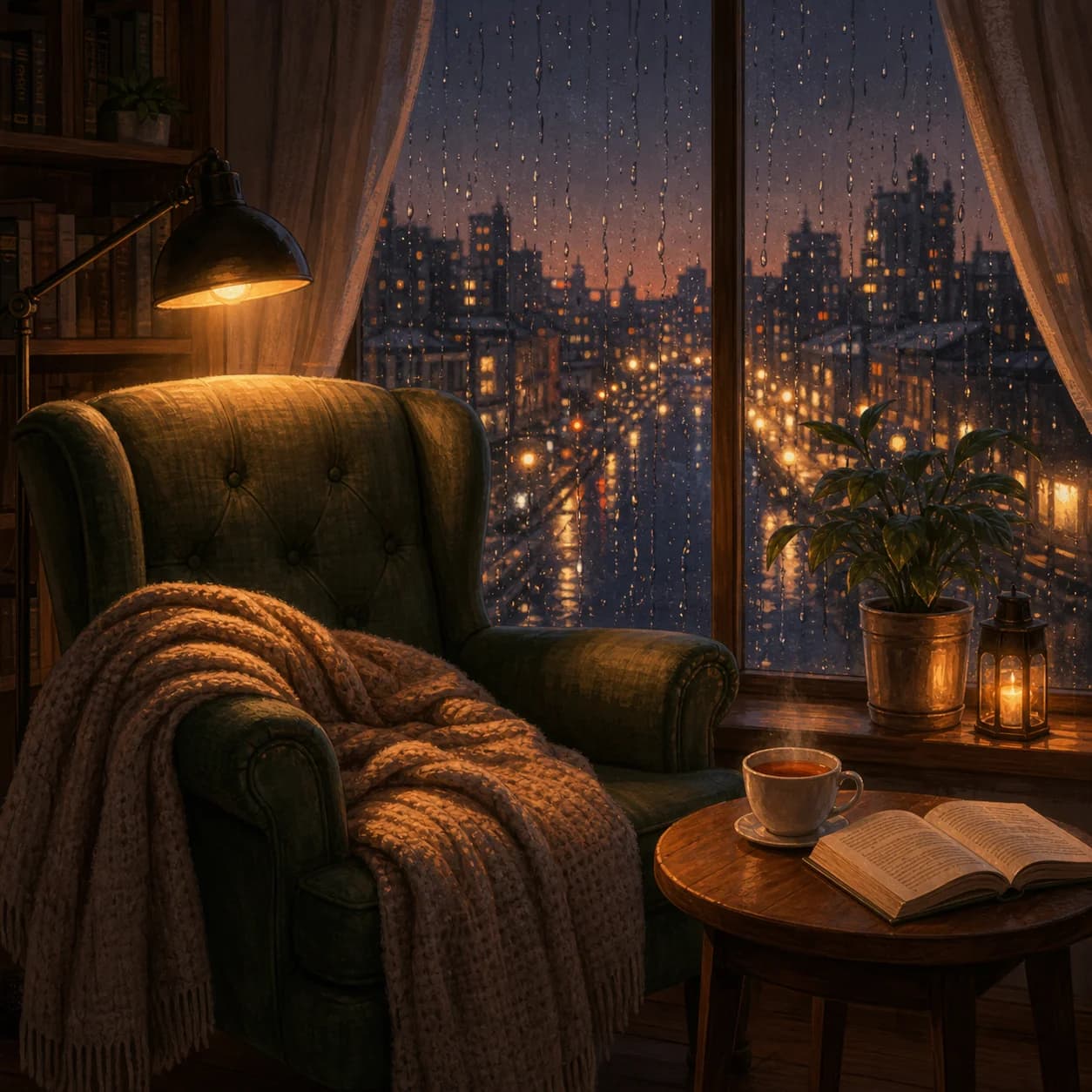 Уютное кресло у окна с книгой и чашкой чая