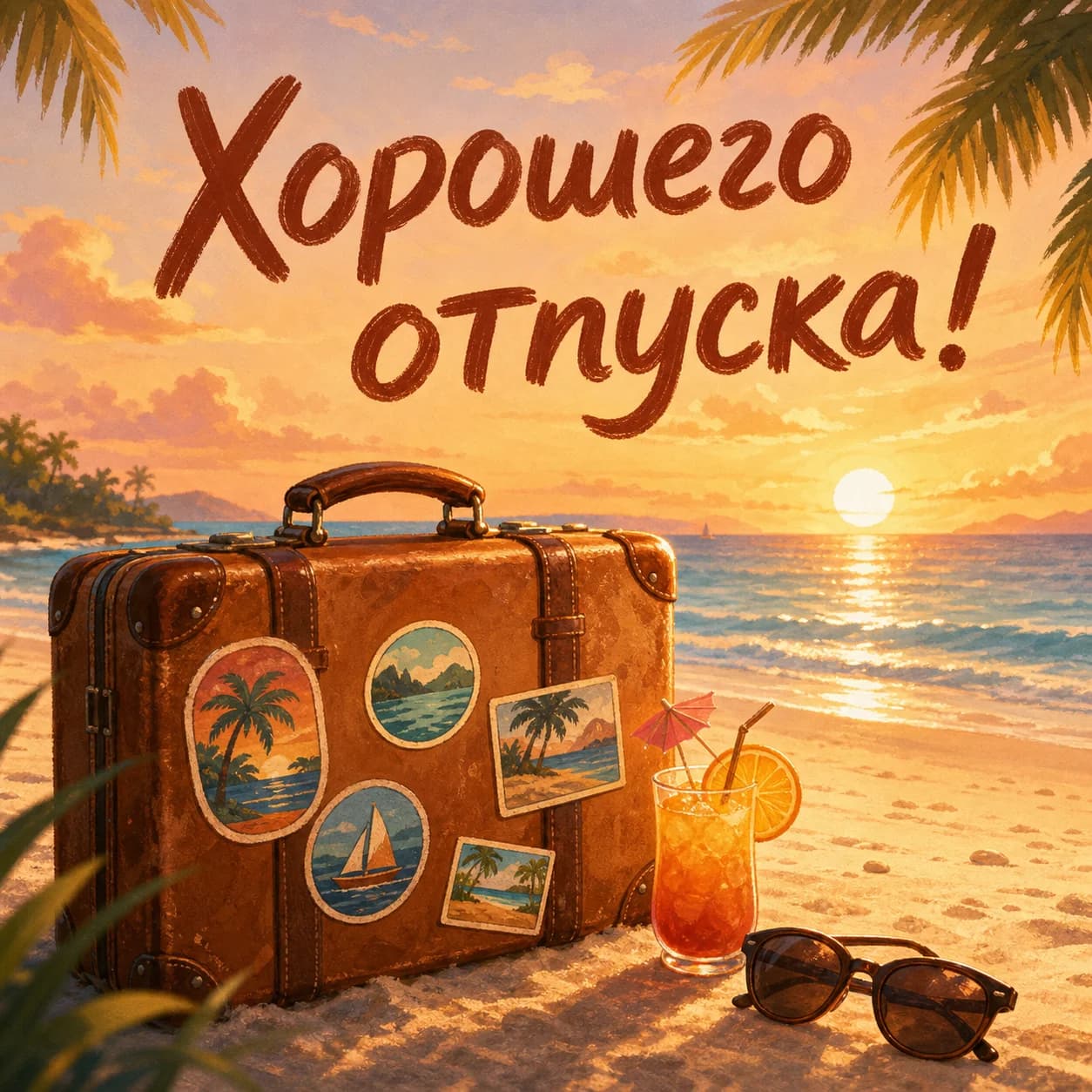 Открытка коллеге про отпуск с чемоданом на пляже